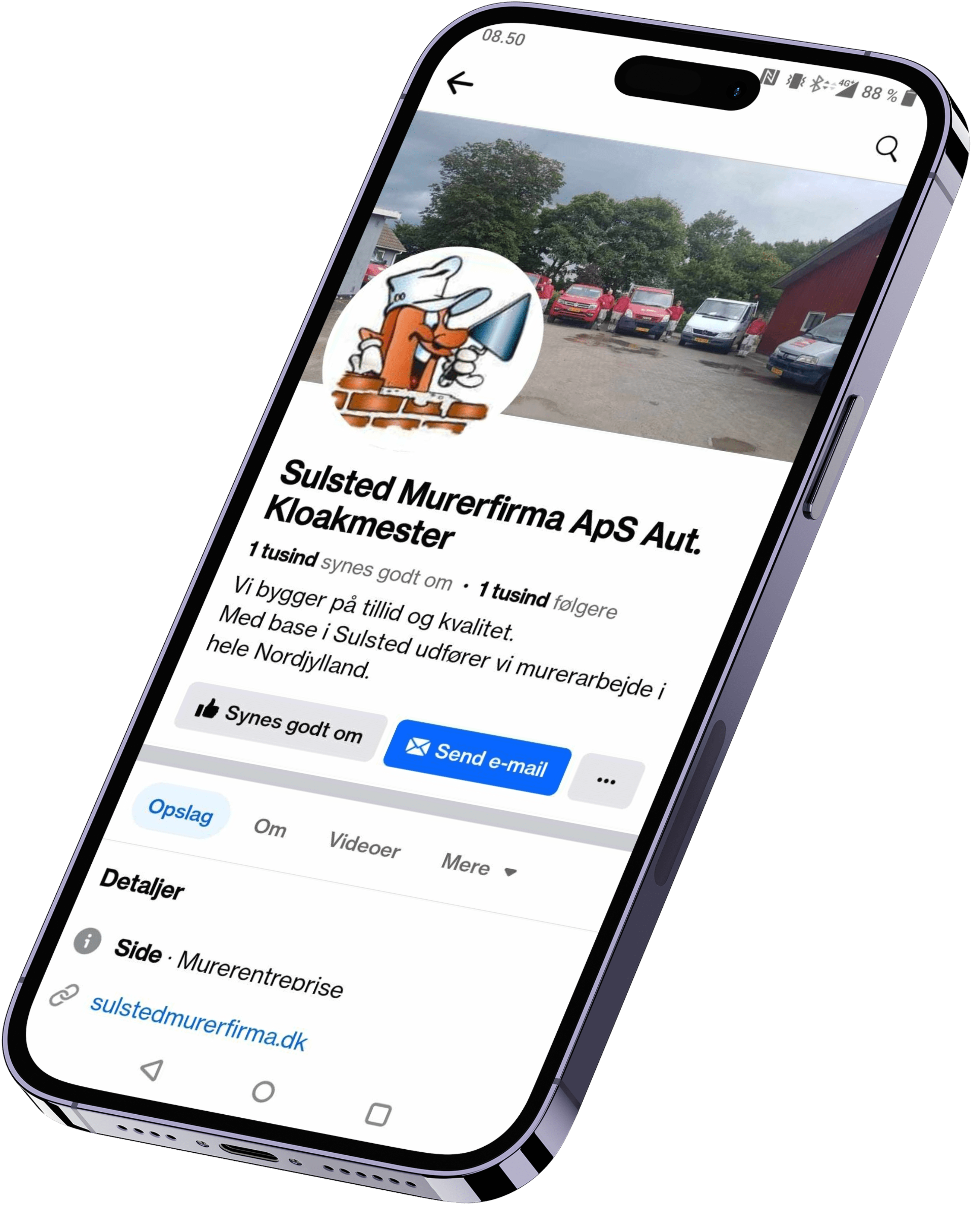 Sulsted murerfirma Facebook-side vist på smartphone